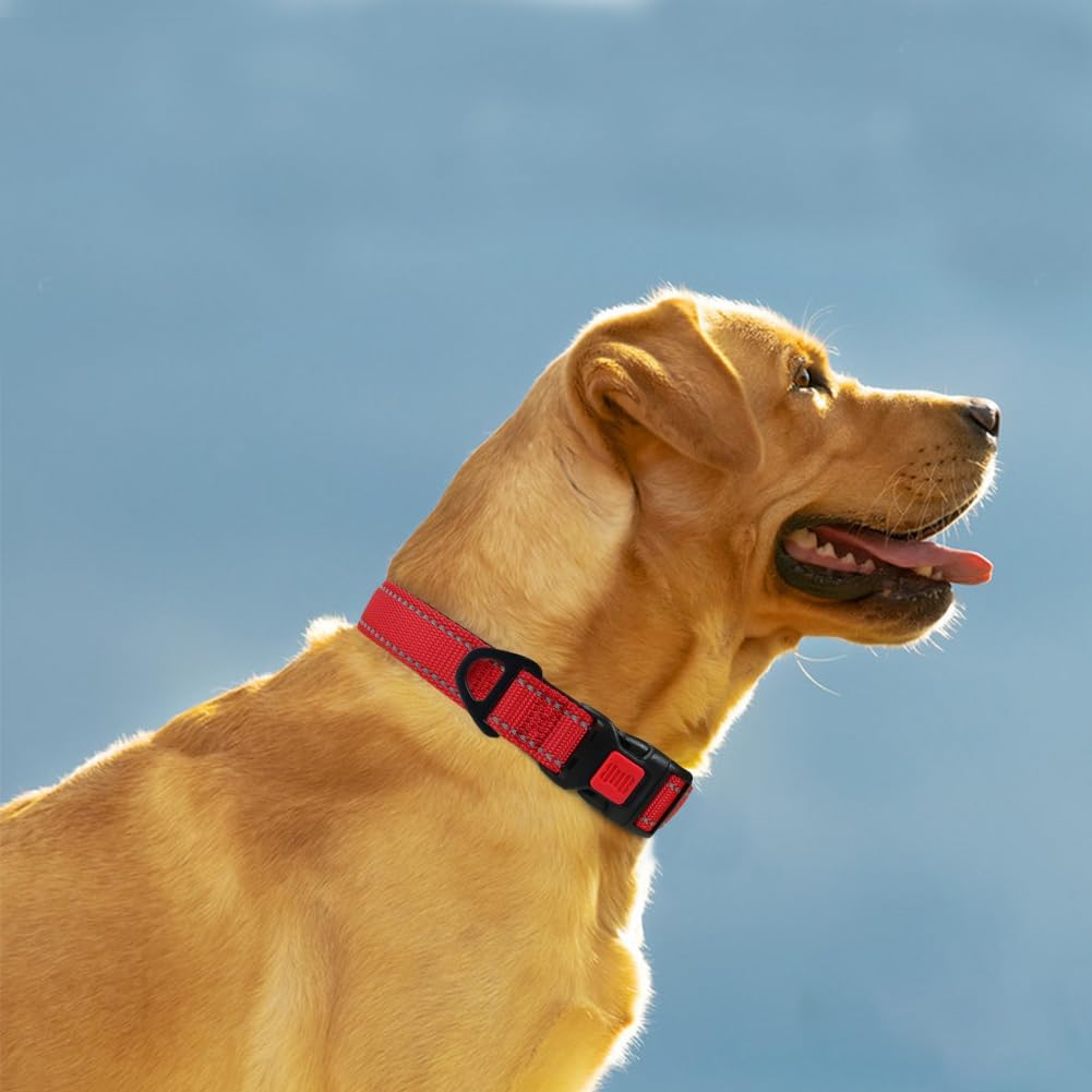 Reflective Dog Collar with Safety Locking Buckle, Adjustable Nylon Pet Collars for Large Dogs Female Male, Red