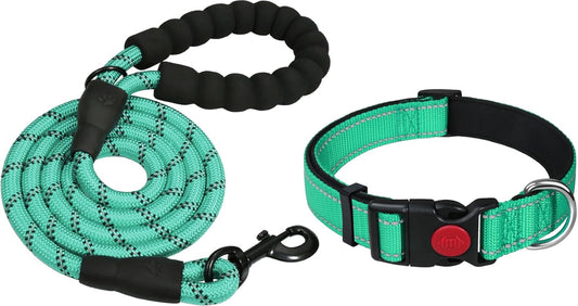 18"-28" Length, 1 1/4" Wide Dog Collar and Leash Set, 1/2" x 6 FT Highly Reflective Threads Dog Leash for Large Dogs,Turq
