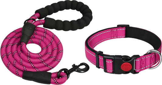 16-24" Length, 1" Wide Dog Collar and Leash Set, 1/2" x 6 FT Highly Reflective Threads Dog Leash for Medium and Large Dogs,Hotpink