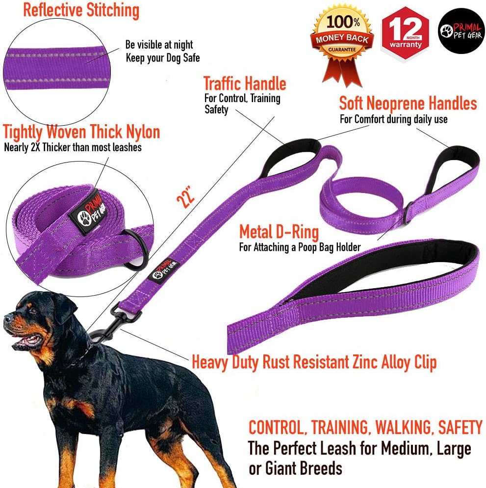 Dog Leash 6ft Long,Traffic Padded Two Handle,Heavy Duty,Reflective Double Handles Lead for Control Safety Training,Leashes for Large Dogs or Medium Dogs,Dual Handles Leads(Purple)