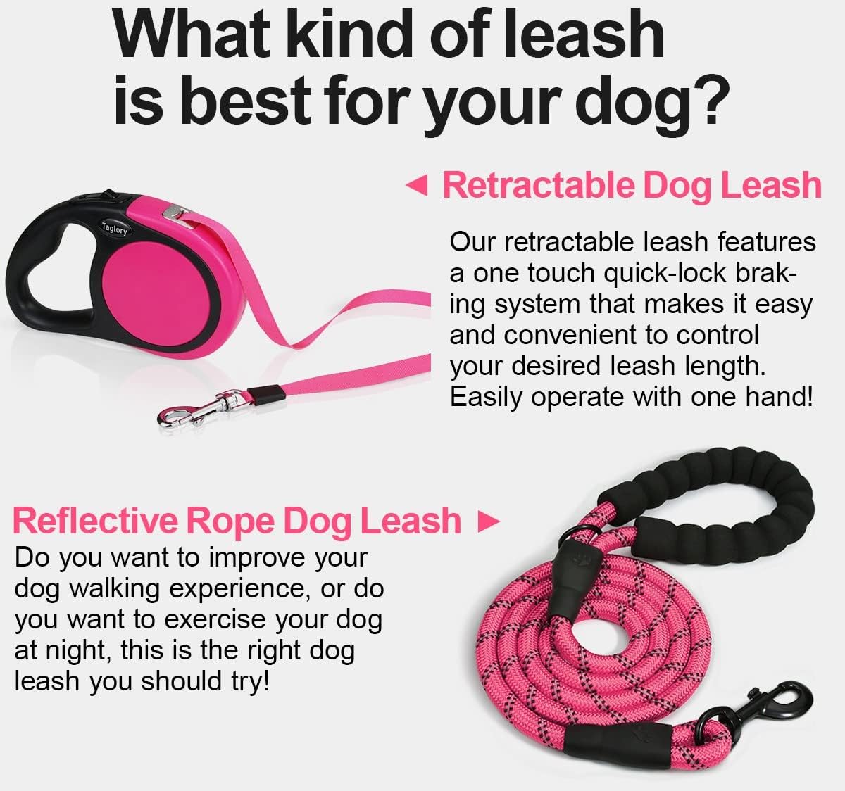 Retractable Dog Leash, 16ft No Tangle Leash Retractable for Small Medium Dogs Up to 44 lbs, One-Handed Brake, Pause, Lock, Pink