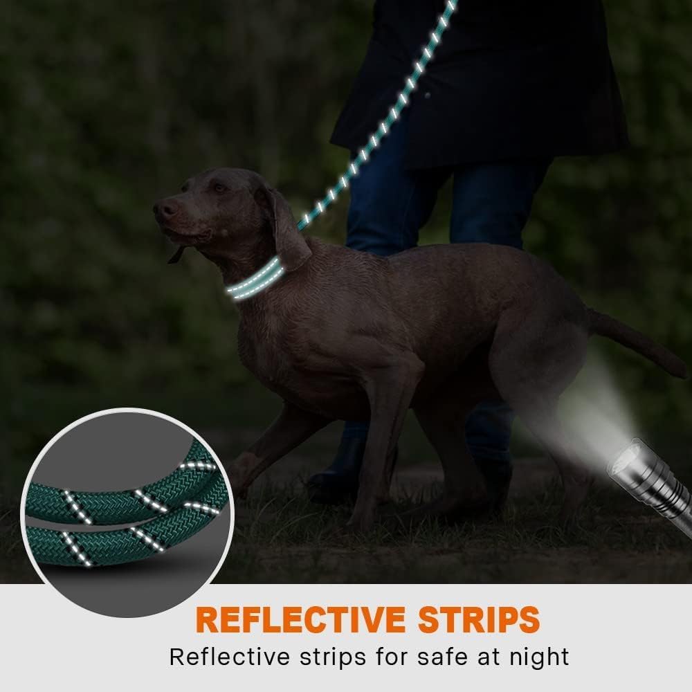 18"-28" Length, 1 1/4" Wide Dog Collar and Leash Set, 1/2" x 6 FT Highly Reflective Threads Dog Leash for Large Dogs,Turq