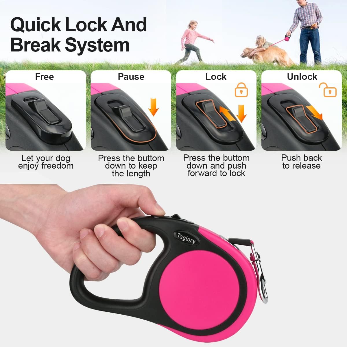 Retractable Dog Leash, 16ft No Tangle Leash Retractable for Small Medium Dogs Up to 44 lbs, One-Handed Brake, Pause, Lock, Pink