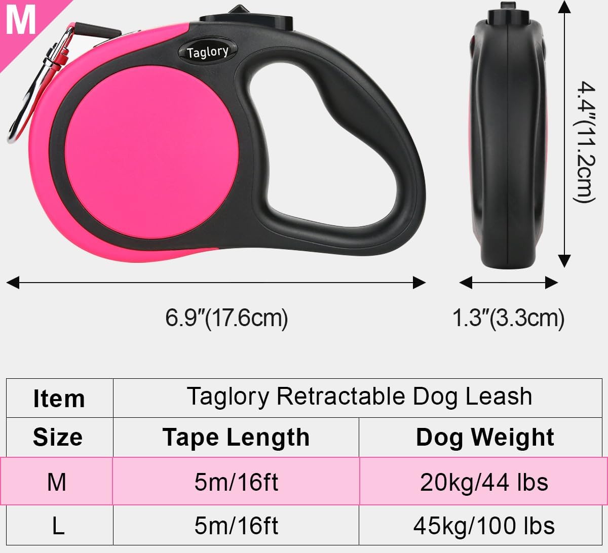 Retractable Dog Leash, 16ft No Tangle Leash Retractable for Small Medium Dogs Up to 44 lbs, One-Handed Brake, Pause, Lock, Pink