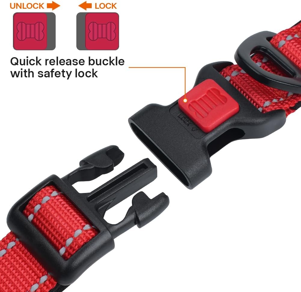 Reflective Dog Collar with Safety Locking Buckle, Adjustable Nylon Pet Collars for Large Dogs Female Male, Red