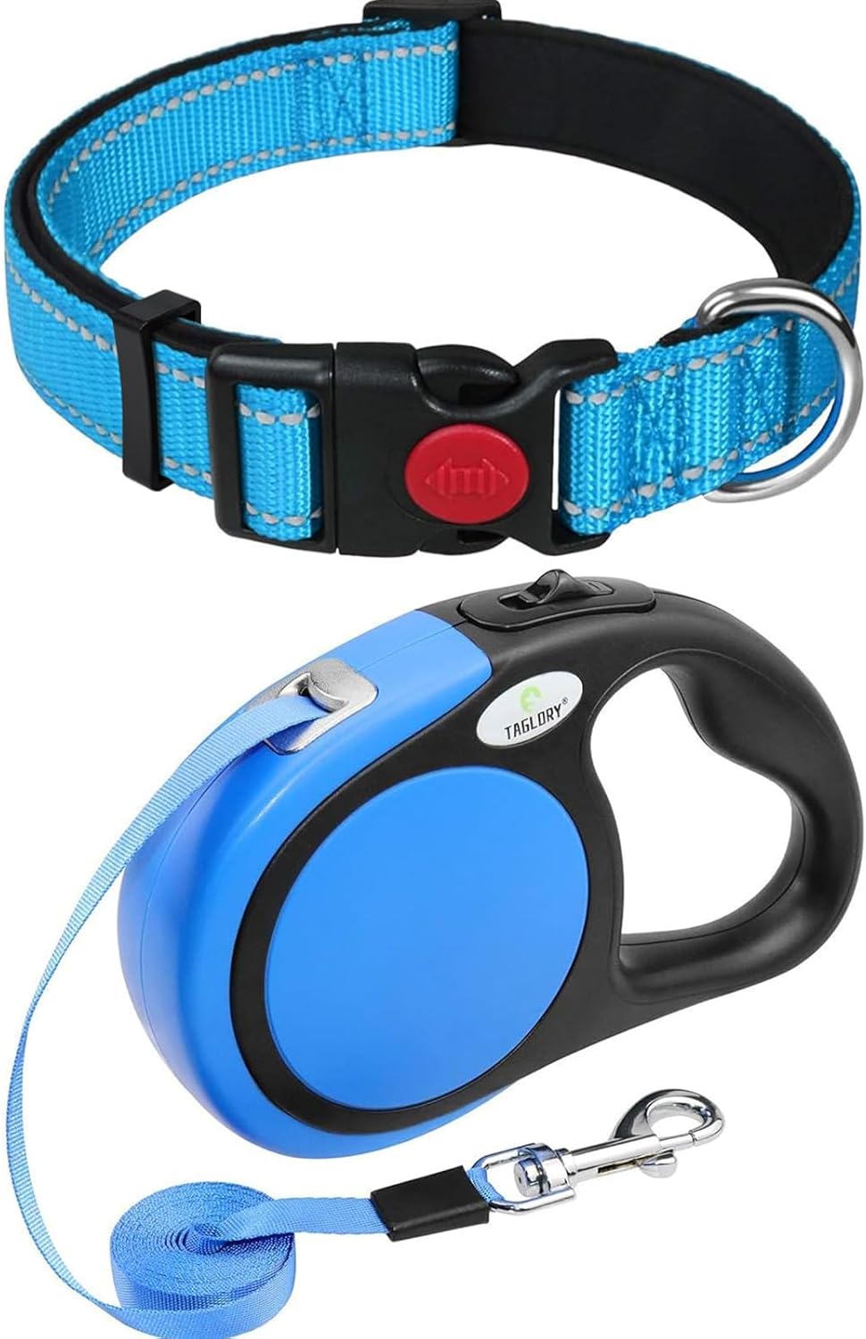 16"-24" inches Dog Collar and 16FT Retractable Dog Leash Set, No Tangle Dog Leash Retractable, Adjustable Reflective Dog Collar with Safety Locking Buckle for Large Dogs