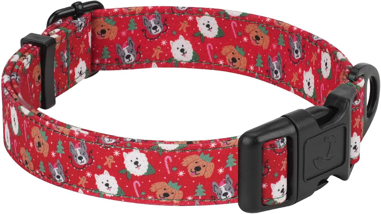 Christmas Dog Collar, Adjustable Holiday Dog Collars with Quick Release Buckle, Soft Polyester Cotton, Cute Dog Christmas Trees Pattern for Medium Breeds Christmas Celebration, Red, M