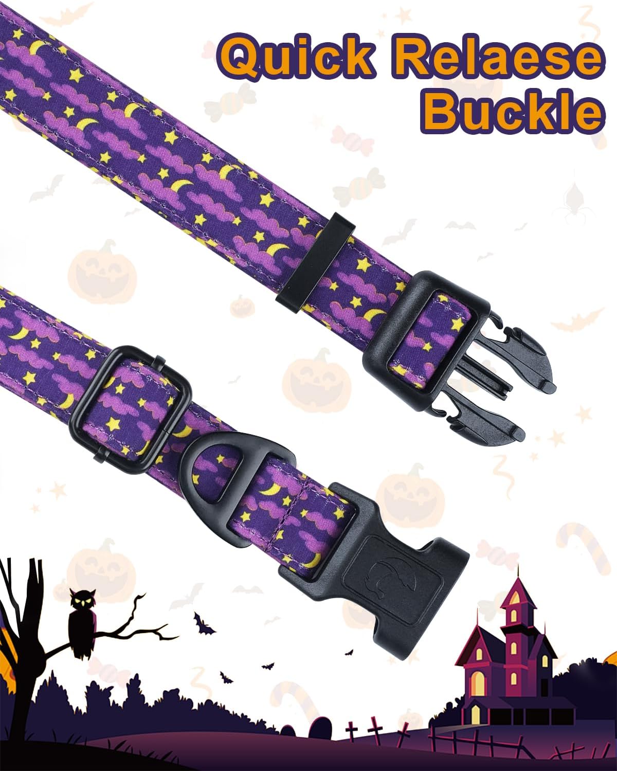 Halloween Dog Collar with Bow Tie, Adjustable Holiday Dog Collars with Quick Release Buckle, Soft Polyester Cotton, Moon Star Pattern Collar for Medium Large Dogs Halloween Celebration, L