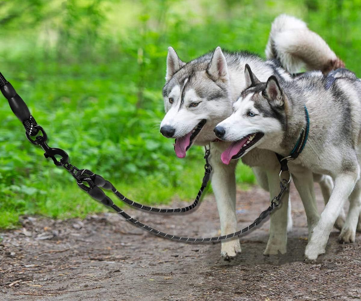 Double Dog Leash | Reflective Rope | No Tangle | Double Leash for Two Dogs | Puppy Small Medium Breeds | Black