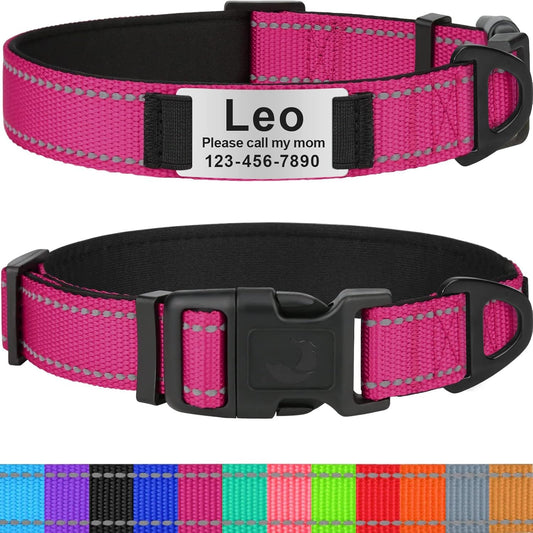 Personalized Dog Collars for Medium Dogs, Custom Reflective Collar with Name Plate, Padded Pet ID Tags with Engraved Slide, Hot Pink
