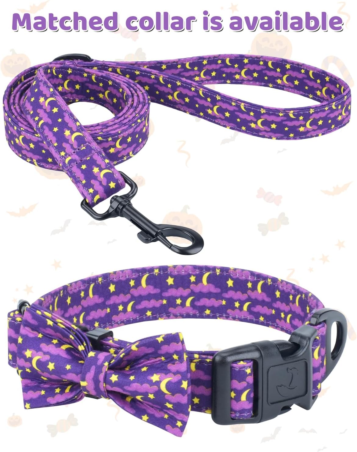 Halloween Dog Leash, 5FT Soft Cotton Leash, Heavy Duty D-Ring, Festive Moon Star Leash for Puppy Small Medium Large Dogs Halloween Celebration, 1inch