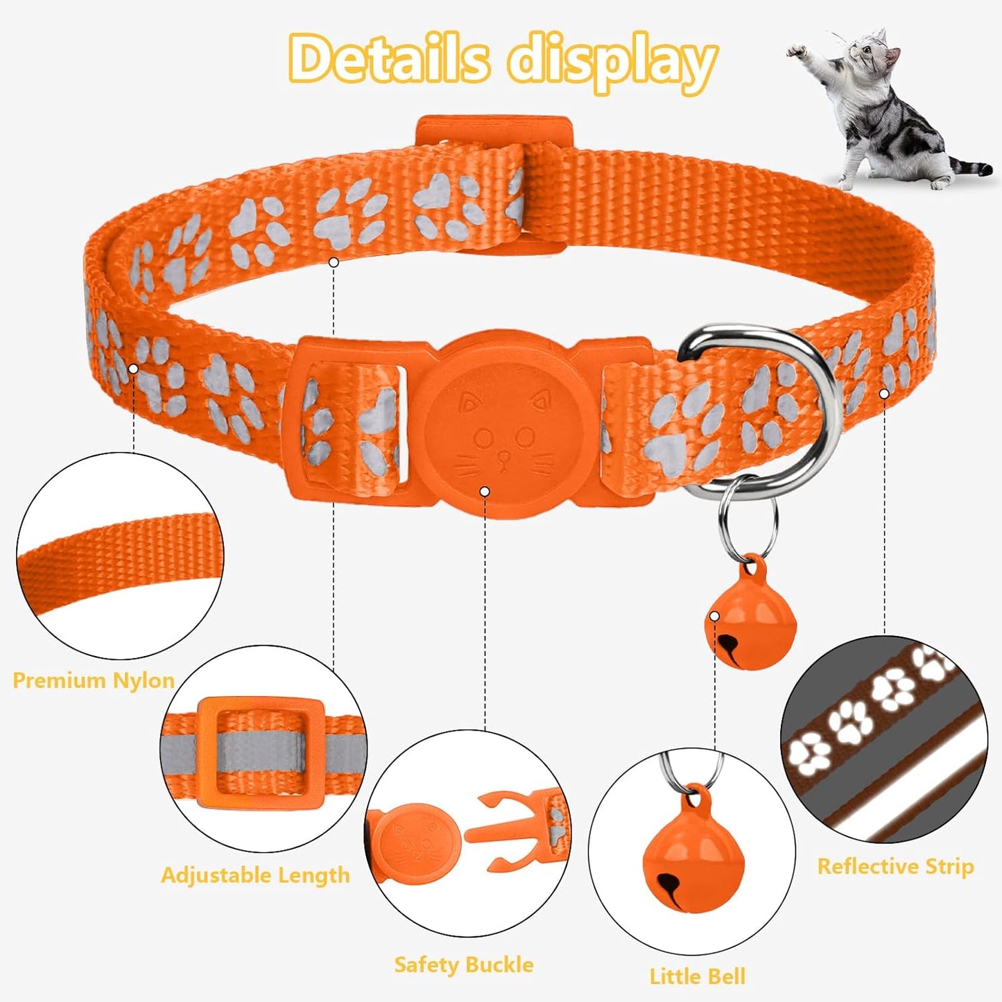 Reflective Cat Collar Breakaway with Bells, 2 Pack Girl Boy Pet Cat Collar Adjustable 7.5-12.5 Inch, Orange