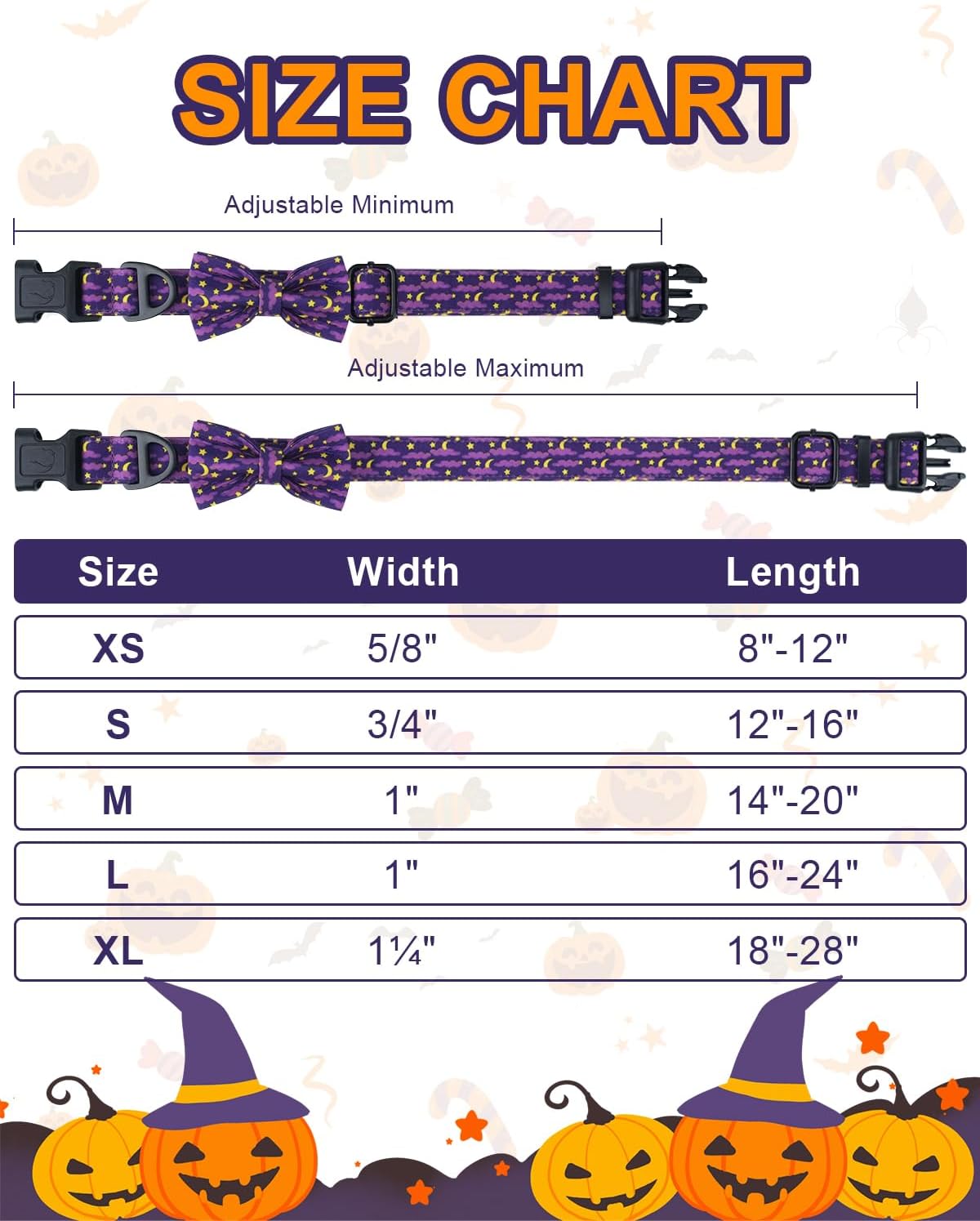 Halloween Dog Collar with Bow Tie, Adjustable Holiday Dog Collars with Quick Release Buckle, Soft Polyester Cotton, Moon Star Pattern Collar for Medium Large Dogs Halloween Celebration, L