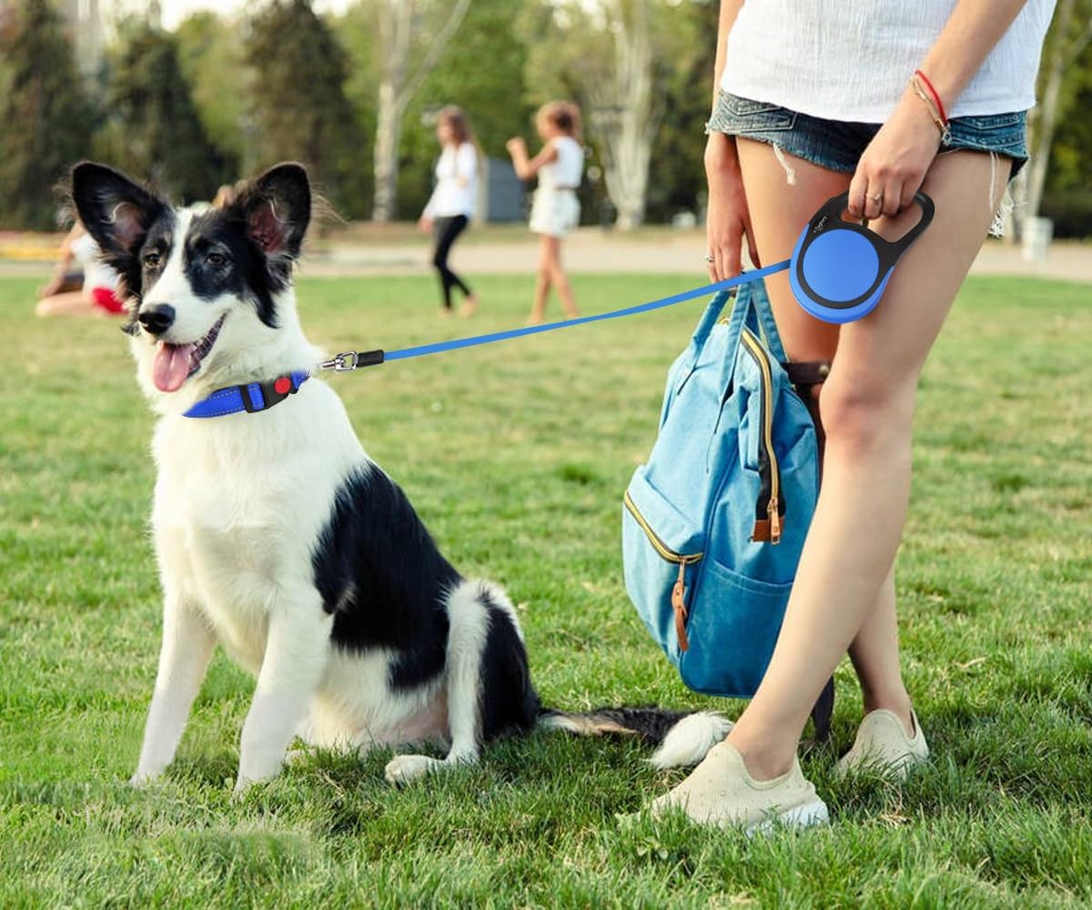 16"-24" inches Dog Collar and 16FT Retractable Dog Leash Set, No Tangle Dog Leash Retractable, Adjustable Reflective Dog Collar with Safety Locking Buckle for Large Dogs