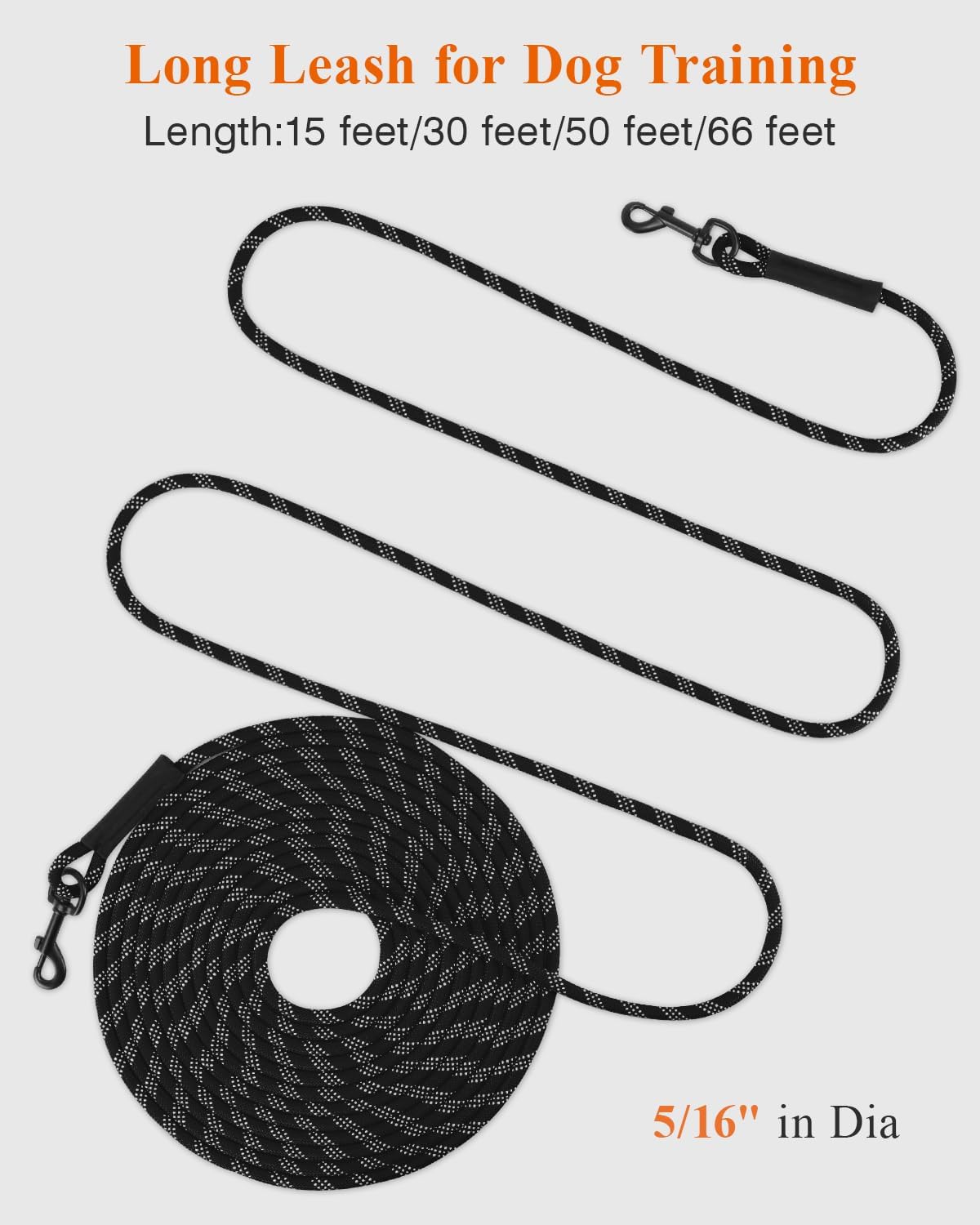 Dog Tie Out, Long Dog Leash 15FT 30FT 50FT 66FT, Recall Training Leash with 2 Swivel Hooks for Large Medium Small Breeds Walking, Camping, or Backyard, Black 30FT