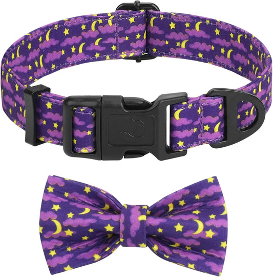 Halloween Dog Collar with Bow Tie, Adjustable Holiday Dog Collars with Quick Release Buckle, Soft Polyester Cotton, Moon Star Pattern Collar for Medium Large Dogs Halloween Celebration, L