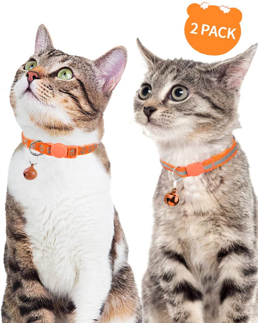 Reflective Cat Collar Breakaway with Bells, 2 Pack Girl Boy Pet Cat Collar Adjustable 7.5-12.5 Inch, Orange