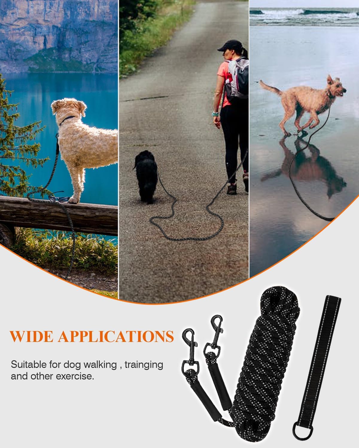 Dog Tie Out, Long Dog Leash 15FT 30FT 50FT 66FT, Recall Training Leash with 2 Swivel Hooks for Large Medium Small Breeds Walking, Camping, or Backyard, Black 30FT