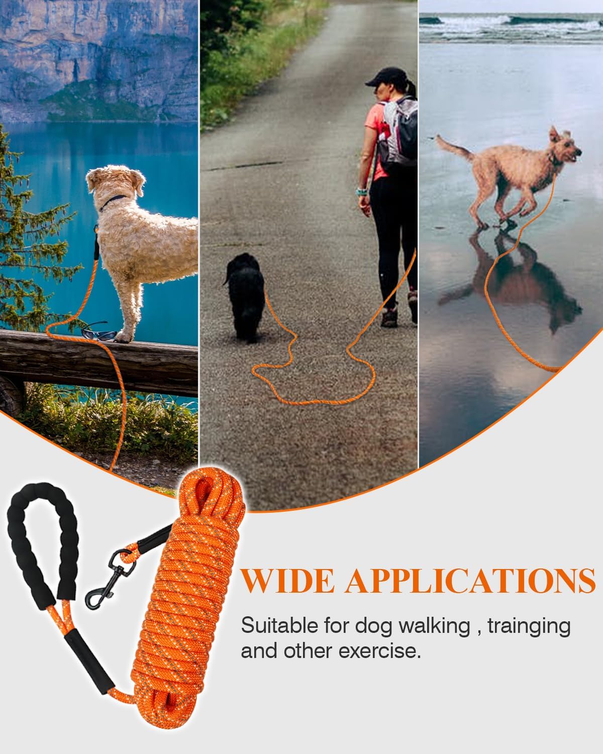 Long Dog Leash, 15FT 30FT 50FT 66FT, Training and Recall Leash with Comfortable Padded Handle for Large Medium Small Dogs Walking, Camping, Orange 30FT
