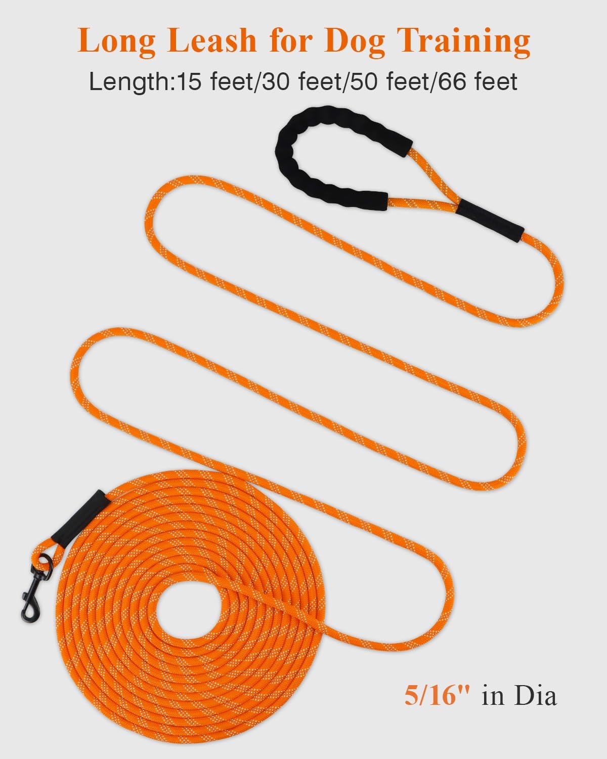 Long Dog Leash, 15FT 30FT 50FT 66FT, Training and Recall Leash with Comfortable Padded Handle for Large Medium Small Dogs Walking, Camping, Orange 30FT