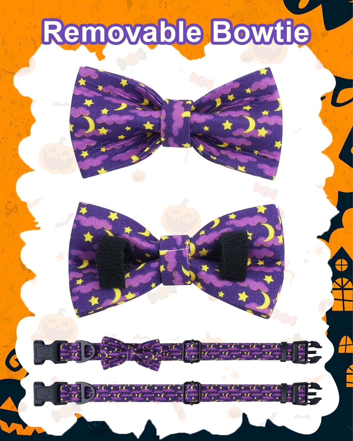 Halloween Dog Collar with Bow Tie, Adjustable Holiday Dog Collars with Quick Release Buckle, Soft Polyester Cotton, Moon Star Pattern Collar for Medium Large Dogs Halloween Celebration, L