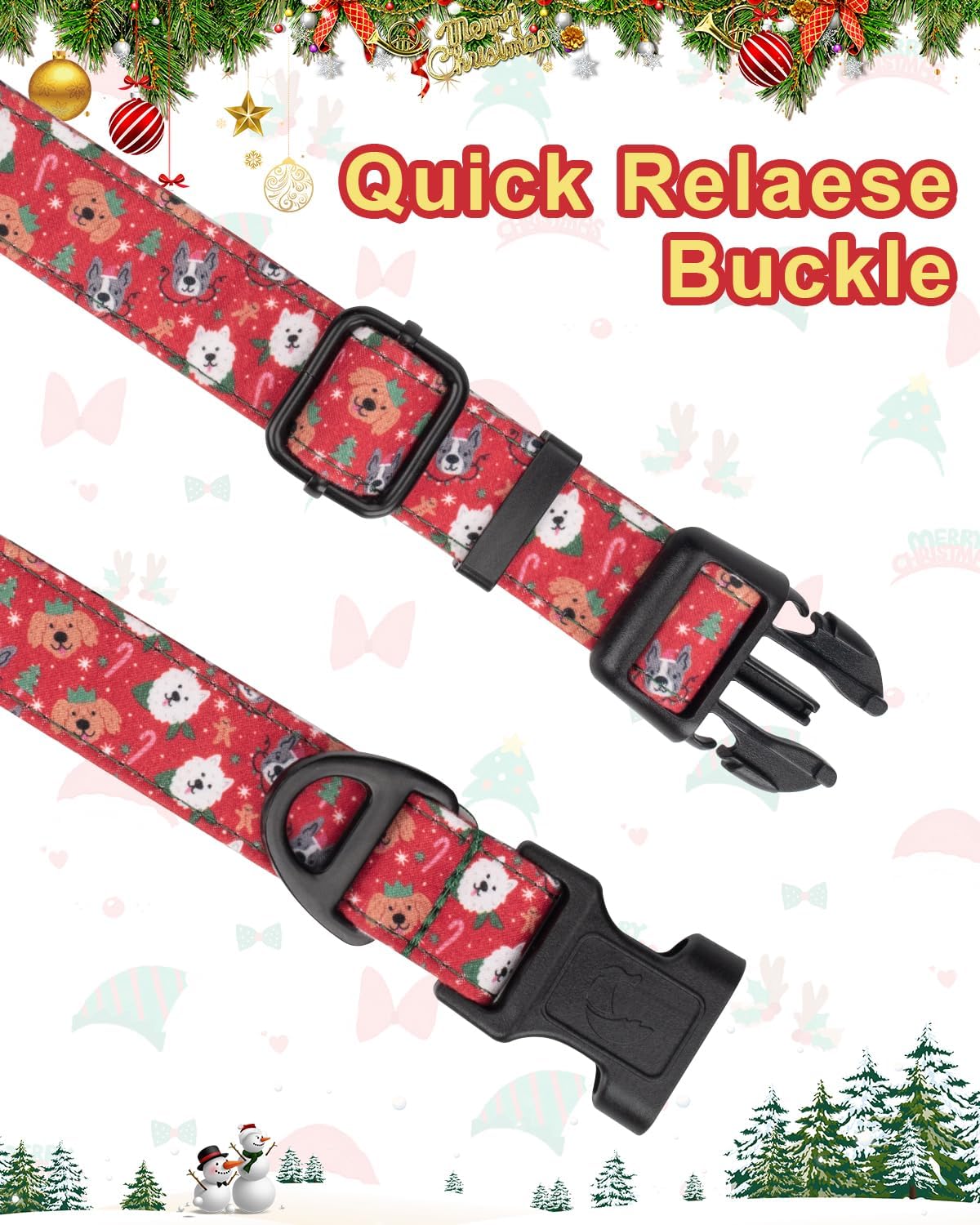 Christmas Dog Collar, Adjustable Holiday Dog Collars with Quick Release Buckle, Soft Polyester Cotton, Cute Dog Christmas Trees Pattern for Medium Breeds Christmas Celebration, Red, M