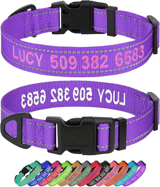 Personalized Dog Collars, Embroidered Reflective Collar with Name and Phone Number, Adjustable, Nylon Material, for Medium Dogs, Purple